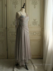 Chiffon Spaghetti Straps Transparent Beads Sweetheart Neck Grey Long Semi Formal Prom Dress