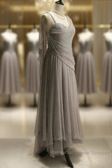 Chiffon Spaghetti Straps Transparent Beads Sweetheart Neck Grey Long Semi Formal Prom Dress