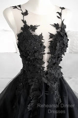 Classic Black Lace Tulle Long Semi Formal Prom Dress Black Evening Dress