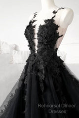 Classic Black Lace Tulle Long Semi Formal Prom Dress Black Evening Dress