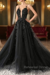 Classic Black Lace Tulle Long Semi Formal Prom Dress Black Evening Dress