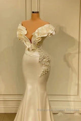 Classic White Mermaid V-Neck Satin Pearl Ruffle Long Semi Formal Prom Dress Elegant Evening Dress