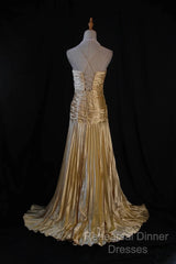 Classy A Line Halter Gold Satin Beads Long Evening Dress Semi Formal Prom Dresses