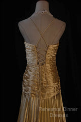 Classy A Line Halter Gold Satin Beads Long Evening Dress Semi Formal Prom Dresses