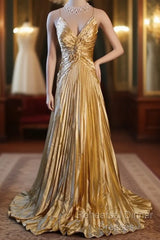 Classy A Line Halter Gold Satin Beads Long Evening Dress Semi Formal Prom Dresses