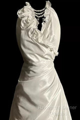Classy A Line Halter Satin Ivory Long Wedding Dress Bridal Dresses