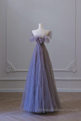 Classy A Line Off The Shoulder Lilac Tulle Long Evening Dress Semi Formal Prom Dresses