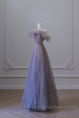 Classy A Line Off The Shoulder Lilac Tulle Long Evening Dress Semi Formal Prom Dresses