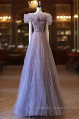 Classy A Line Off The Shoulder Lilac Tulle Long Evening Dress Semi Formal Prom Dresses