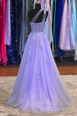 Classy A-Line One Shoulder Lavender Long Semi Formal Prom Dress