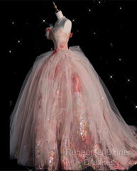 Classy Ball Gown Sweetheart Pink Floral Tulle Long Evening Dress Semi Formal Prom Dresses