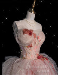 Classy Ball Gown Sweetheart Pink Floral Tulle Long Evening Dress Semi Formal Prom Dresses