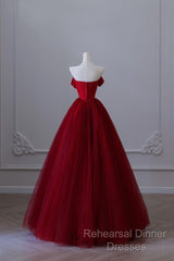 Classy Balll Gown Strapless Red Tulle Long Evening Dress Semi Formal Prom Dresses