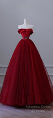 Classy Balll Gown Strapless Red Tulle Long Evening Dress Semi Formal Prom Dresses