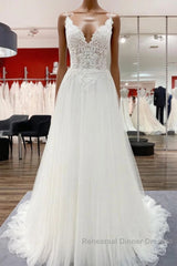 Classy Long A-line Tulle V Neck Sleeveless Lace Wedding Dresses