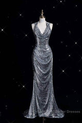 Classy Mermaid Halter Silver Sequin Long Evening Dress Sexy Semi Formal Prom Dresses