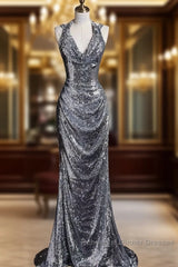Classy Mermaid Halter Silver Sequin Long Evening Dress Sexy Semi Formal Prom Dresses