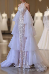 Classy Mermaid High Neckline Sequin Ruffles Long Evening Dress Semi Formal Prom Dresses