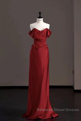 Classy Mermaid Off The Shoulder Red Satin Long Evening Gowns Semi Formal Prom Dress