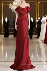 Classy Mermaid Off The Shoulder Red Satin Long Evening Gowns Semi Formal Prom Dress
