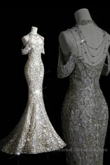 Classy Mermaid Off The Shoulder Silver Sequin Long Party Dress Semi Formal Prom Dresses