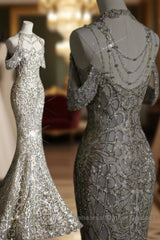 Classy Mermaid Off The Shoulder Silver Sequin Long Party Dress Semi Formal Prom Dresses