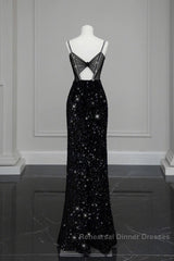 Classy Mermaid Spaghetti Straps Black Sequin Slit Long Evening Gowns Semi Formal Prom Dress