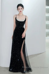 Classy Mermaid Spaghetti Straps Black Sequin Slit Long Evening Gowns Semi Formal Prom Dress