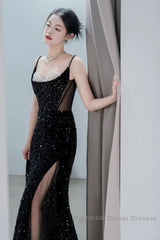 Classy Mermaid Spaghetti Straps Black Sequin Slit Long Evening Gowns Semi Formal Prom Dress