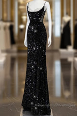 Classy Mermaid Spaghetti Straps Black Sequin Slit Long Evening Gowns Semi Formal Prom Dress