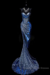 Classy Mermaid Spaghetti Straps Navy Blue Sequin Long Evening Gowns Semi Formal Prom Dress