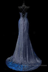 Classy Mermaid Spaghetti Straps Navy Blue Sequin Long Evening Gowns Semi Formal Prom Dress