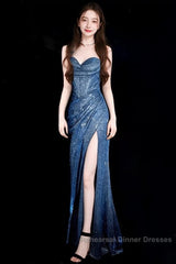 Classy Mermaid Spaghetti Straps Navy Blue Sequin Long Evening Gowns Semi Formal Prom Dress