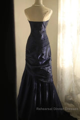Classy Mermaid Strapless Navy Blue Organza Long Evening Gowns Semi Formal Prom Dress
