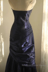 Classy Mermaid Strapless Navy Blue Organza Long Evening Gowns Semi Formal Prom Dress