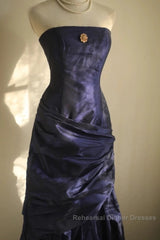 Classy Mermaid Strapless Navy Blue Organza Long Evening Gowns Semi Formal Prom Dress