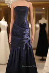 Classy Mermaid Strapless Navy Blue Organza Long Evening Gowns Semi Formal Prom Dress