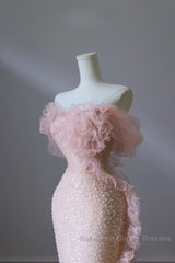 Classy Mermaid Strapless Pink Sequin Long Evening Dress Semi Formal Prom Dresses