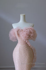 Classy Mermaid Strapless Pink Sequin Long Evening Dress Semi Formal Prom Dresses