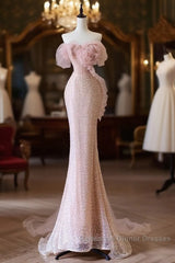 Classy Mermaid Strapless Pink Sequin Long Evening Dress Semi Formal Prom Dresses