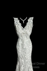 Classy Mermaid V Neckline Lace Ivory Long Wedding Dress Bridal Dresses