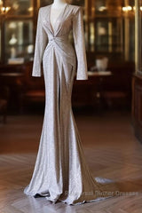 Classy Mermaid V Neckline Long Sleeves Sequin Ruffles Long Evening Dress Semi Formal Prom Dresses