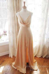 Cowl Neck Champagne Satin Bridesmaid Dress With Slit