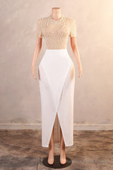 Crew Sheath Prom Dresses Ankle-Length Zipper Beads Split Side Short Sleeve Evening Dresses