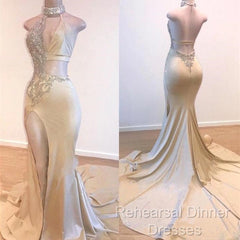 Crystal Halter Side Slit Semi Formal Prom Dresses A-Line Backless Sleeveless Evening Dresses