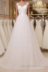 Custom Made A Line Round Neck Lace Tulle White Long Semi Formal Prom Dresses, White Lace Formal Dresses, White Evening Dresses