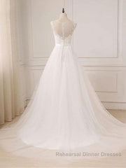 Custom Made A Line Round Neck Lace Tulle White Long Semi Formal Prom Dresses, White Lace Formal Dresses, White Evening Dresses