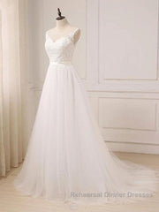 Custom Made A Line Round Neck Lace Tulle White Long Semi Formal Prom Dresses, White Lace Formal Dresses, White Evening Dresses