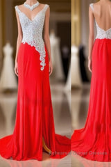 Custom Made A Line V Neck Backless Sequins Red Semi Formal Prom Dresses, Red Evening Dresses