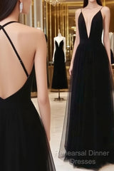 Custom Made A Line V Neck Black Backless Semi Formal Prom Dresses, Black Backless Formal Dresses, Bridesmaid Dresses